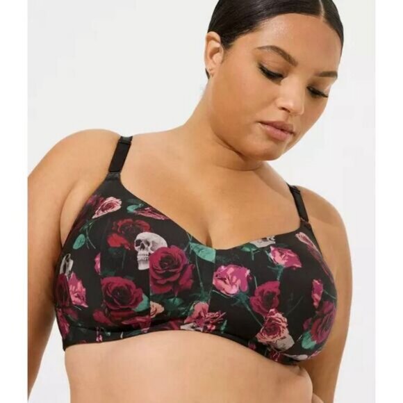 EUC Torrid Dream Wire-Free Bra Statement Roses Skulls Rich Black 42C - Picture 1 of 4